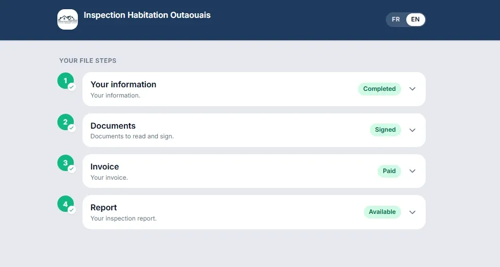 Example of the Habita client portal: the steps Your information, Documents, Invoice and Report, all marked as done