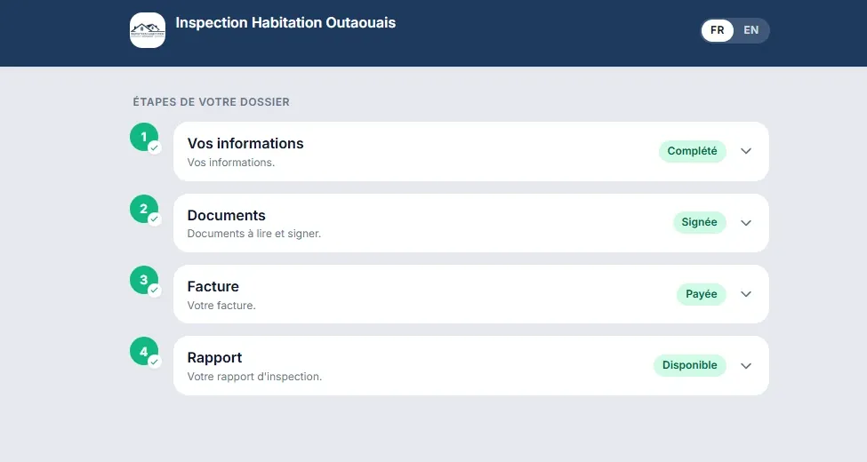 Exemple du portail client d'Habita : les étapes Vos informations, Documents, Facture et Rapport, toutes marquées comme complétées