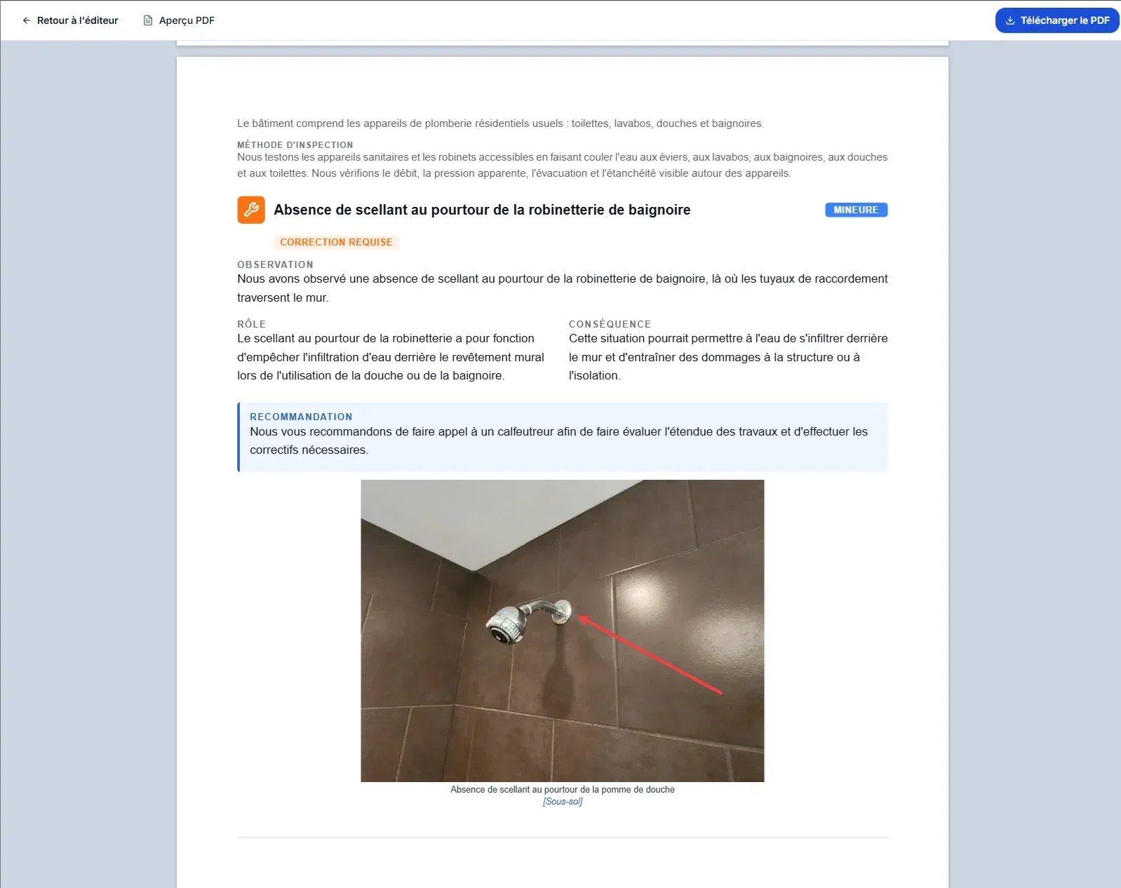 Exemple de page de rapport Habita : un constat mineur avec son observation, sa conséquence, sa recommandation, et une photo annotée d'une flèche rouge, localisée au sous-sol